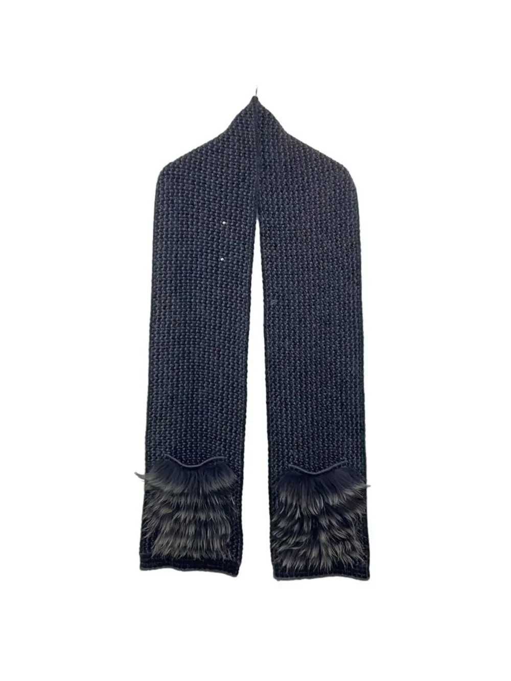 Louis Vuitton Scarf Echarpe Elena Black Dark Gray Raccoon Fur Wool Silk